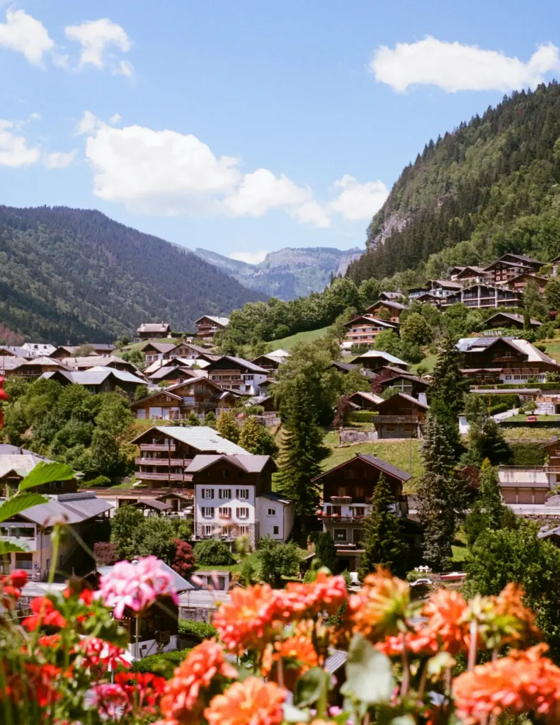 View of the village of Morzine and its chalets in summer, with colorful flowers in the foreground