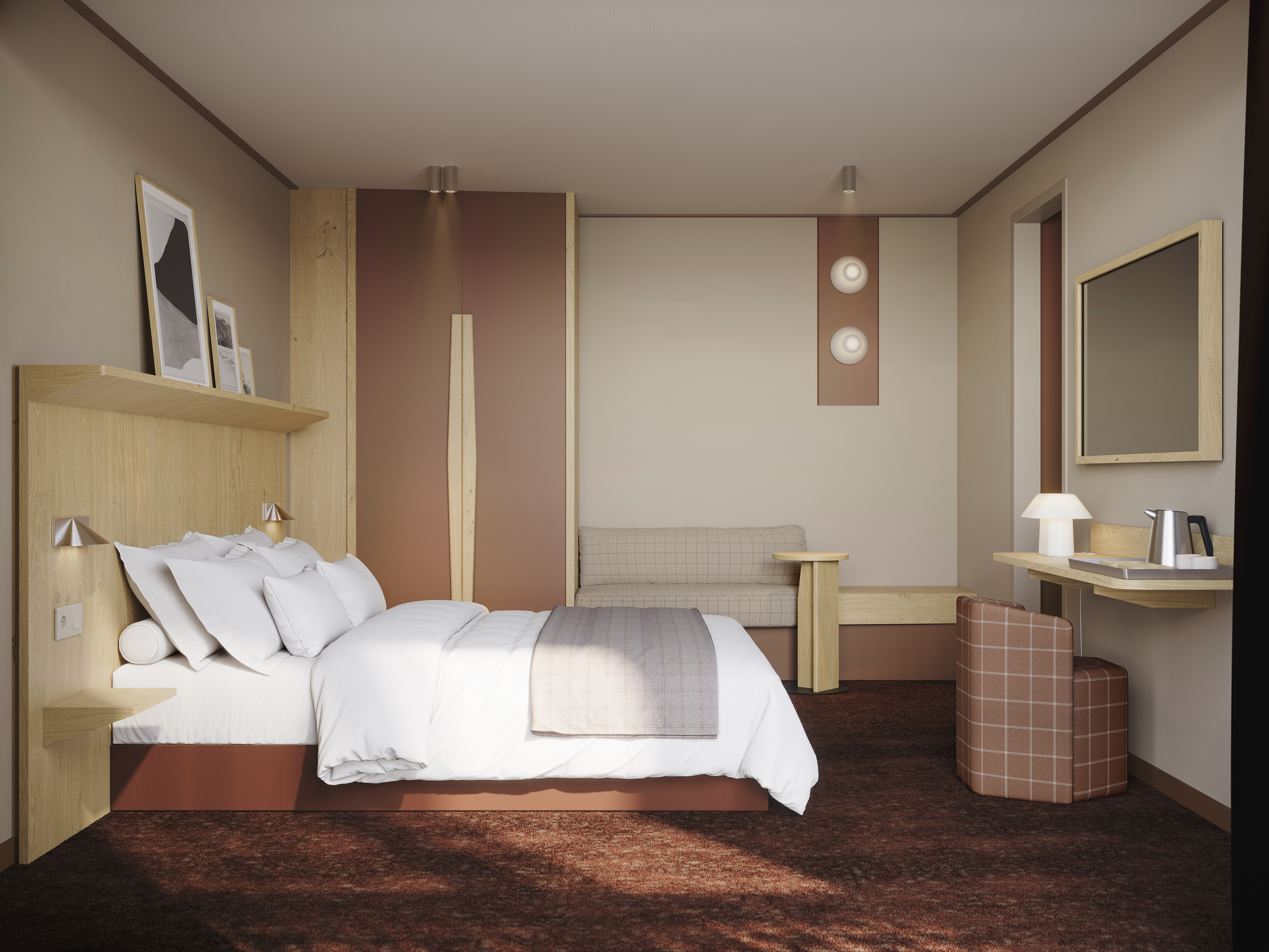 Rendu 3D d'une chambre en tons bordeaux et bois, avec lit, banquette et coin bureau