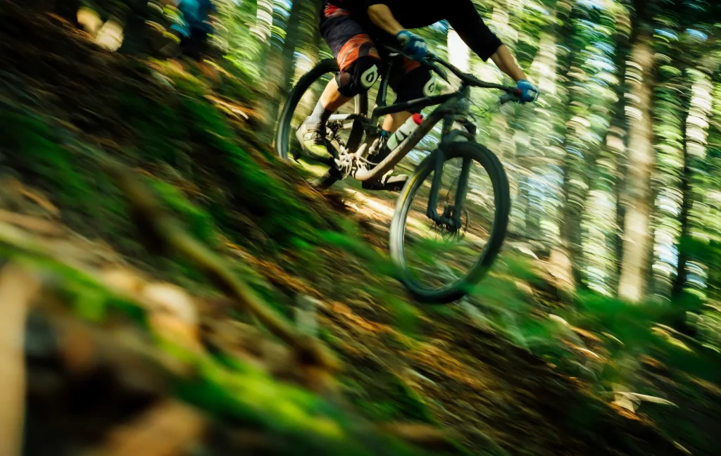 Mountain biker racing down a forest trail, speed effect