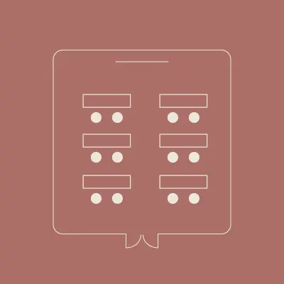 Pictogramme d'une disposition de salle en style classe, rangées de tables doubles face à l'estrade