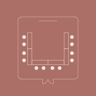 Pictogramme d'une disposition de salle en U, tables et chaises formant un U face à l'estrade